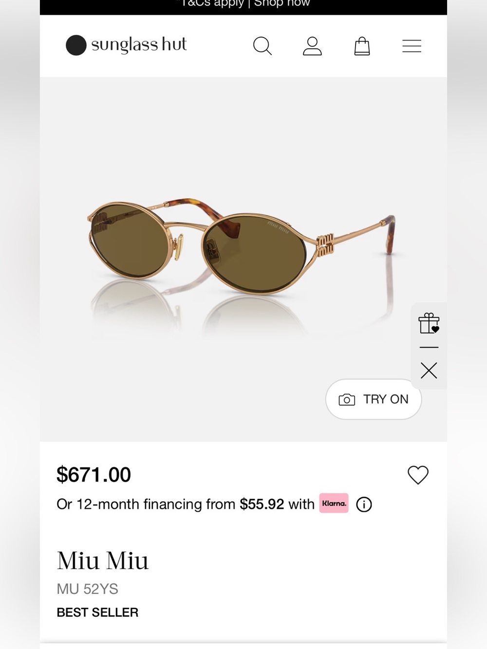 Miu Miu Gold Frame Sunglasses with Brown Lenses authentic brand new